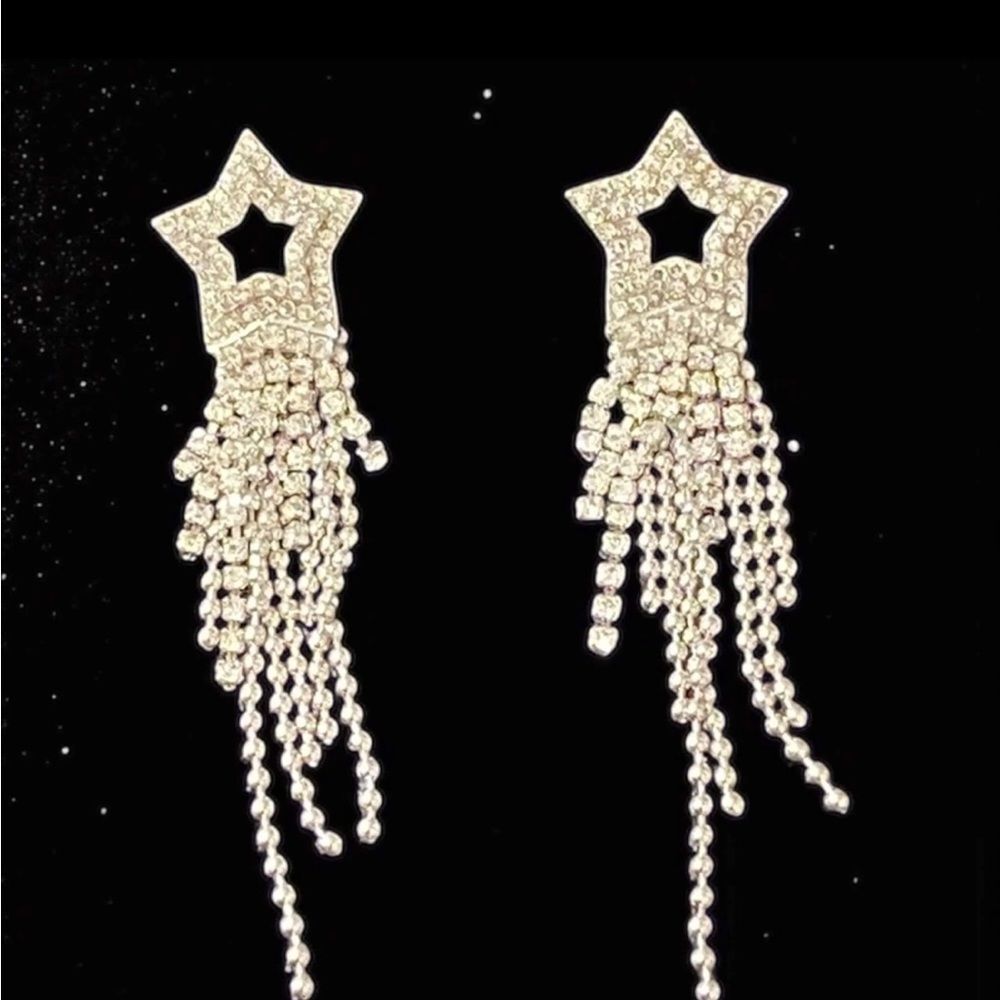 Silver Star Rhinestone Tassel Fringe Dangle Earrings NWT
